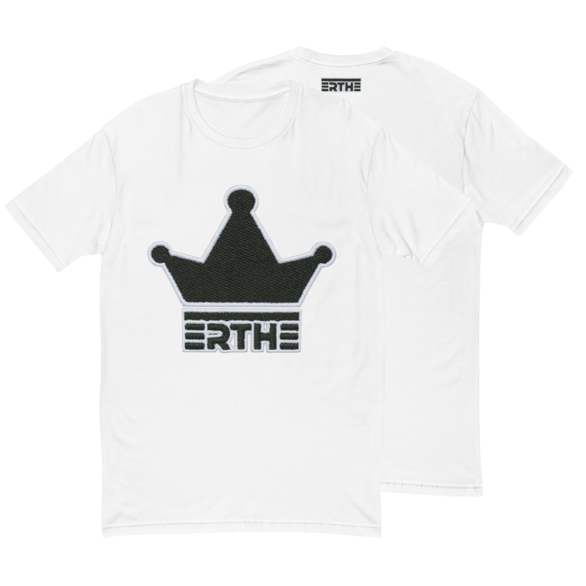 White t-shirt with black crown logo and 'ERTHE' text on a white background
