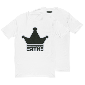 White t-shirt with black crown logo and 'ERTHE' text on a white background